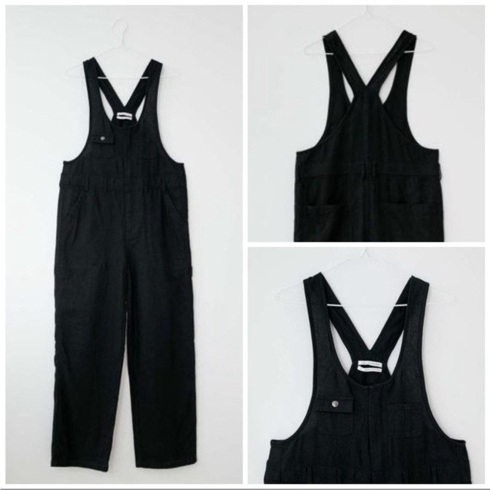 Urban Outfitters Black Linen Camille Overalls Zip Up Jumpsuit Pockets Women XS
